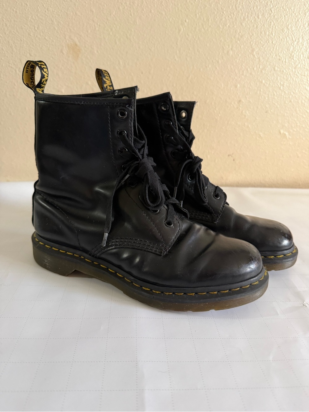 Dr. Martens Black Leather 8-Eye Lace-Up Boots with Yellow Stitching
